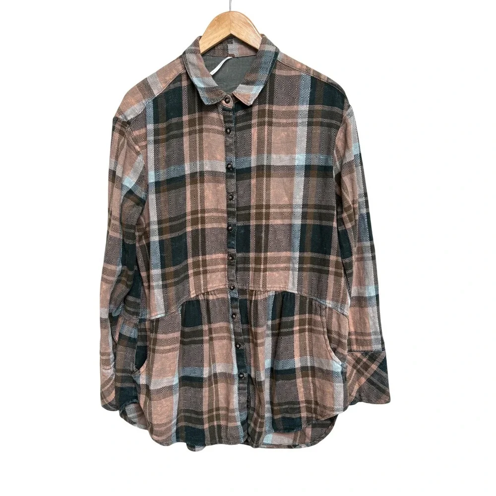 Free People Plaid Tunic Shirt Brown Blue Button Down Peplum Hem Flannel Medium